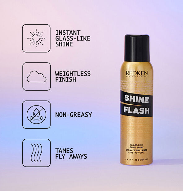 Can of Redken Shine Flash labeled with its benefits represented by infographics: Instant glass-like shine; Weightless finish; Non-greasy; Tames flyaways