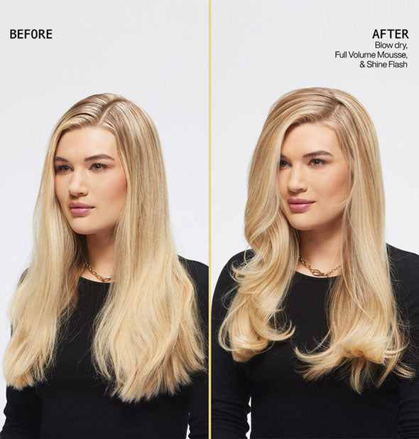 Side-by-side comparison of model's hair before and after a blow dry with Redken Full Volume Mousse and Shine Flash