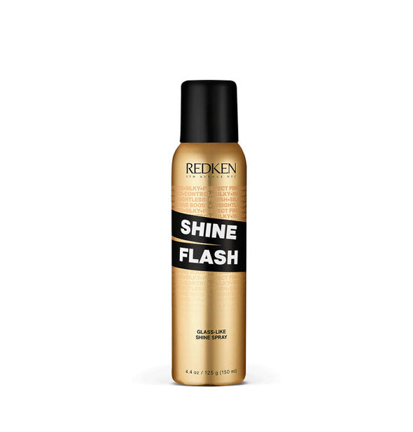 Gold, black, and white 4.4 ounce can of Redken Shine Flash Glass-Like Shine Spray