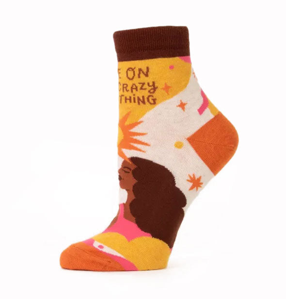 Ankle socks with sun motif and woman's profile say, "Shine on you crazy shiny thing"