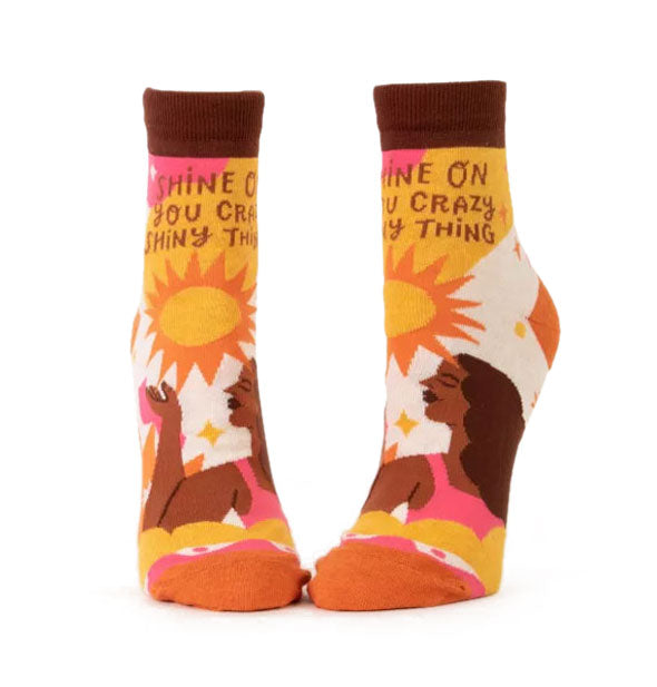Ankle socks with sun motif and woman's profile say, "Shine on you crazy shiny thing"Ankle socks with sun motif and woman's profile say, "Shine on you crazy shiny thing"