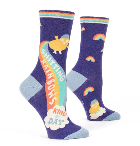 Dark blue socks featuring a rainbow motif say, "Shitting rainbows kind of day"