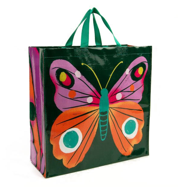 Large square shopping bag with colorful butterfly illustration and green top handles