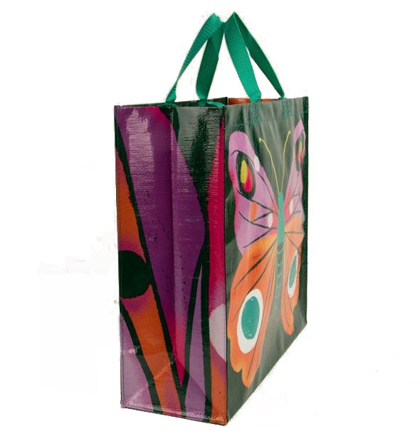 Butterfly shopping bag with wing detail design on side panel and green top handles