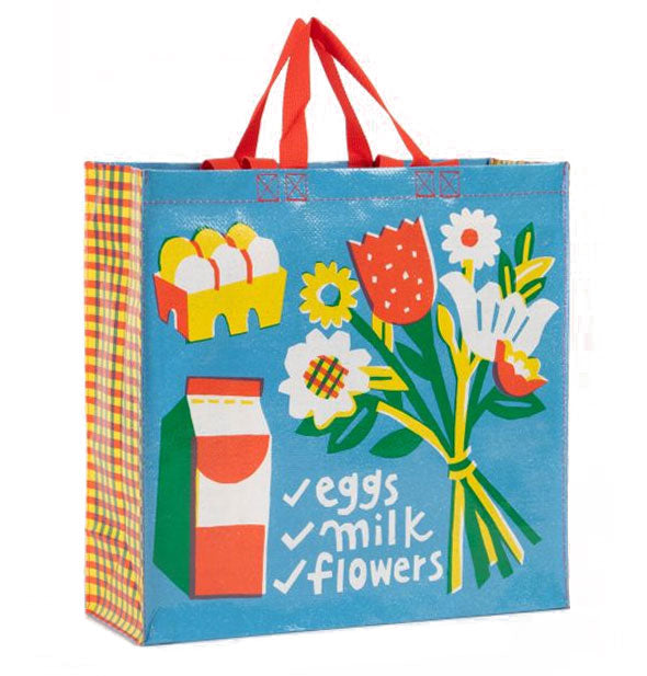 Shopping bag with colorful illustration of eggs, milk carton, and flower bouquet