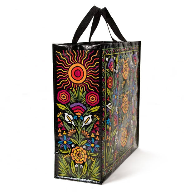 Black tote bag features all-over colorful floral designs