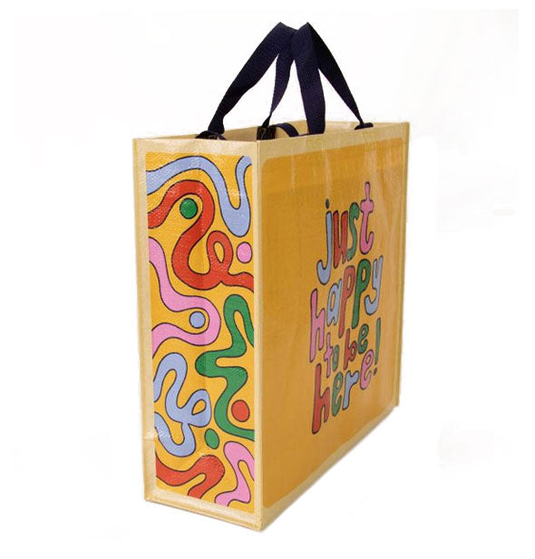Just Happy to Be Here shopping bag side panel shown with colorful squiggles and dots