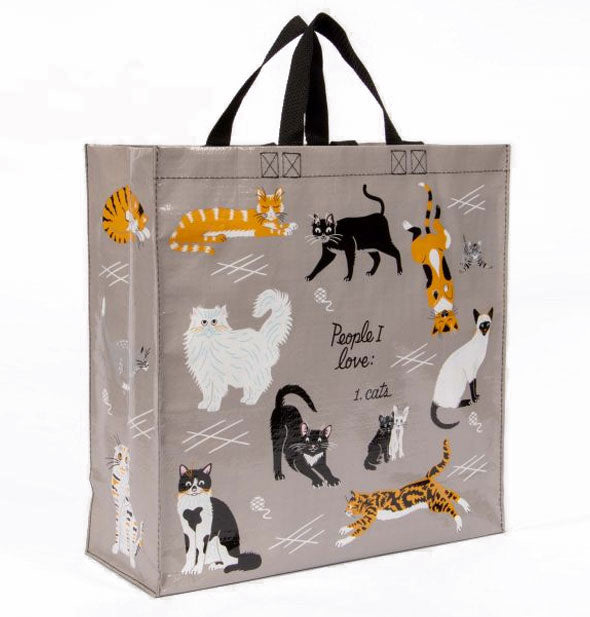 Gray tote bag with all-over cat illustrations says, "People I love: 1. Cats."