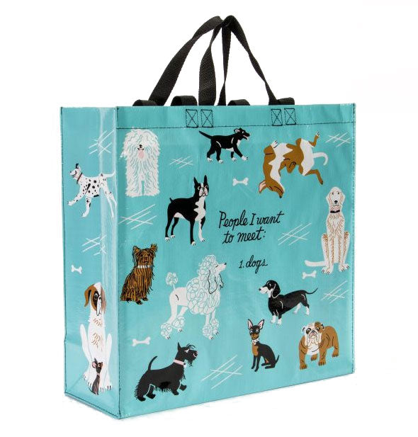 Rectangular blue shopping bag with all-over dog illustrations