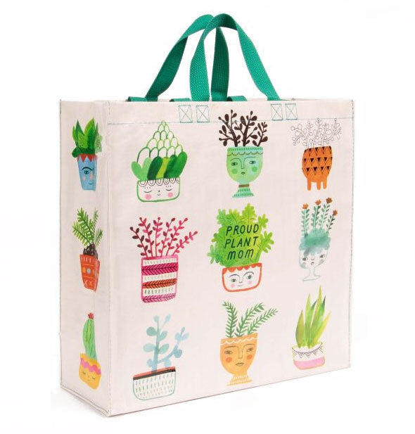 Rectangular "Proud Plant Mom" shopping bag with all-over potted plant illustrations