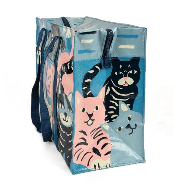 Blue shoulder bag with all-over cat print