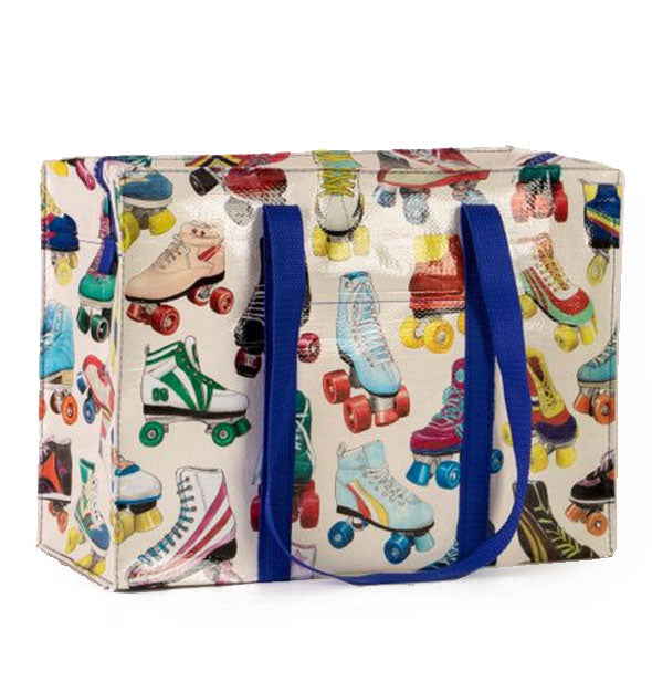 White rectangular tote bag with royal blue strap and colorful all-over roller skate illustrations