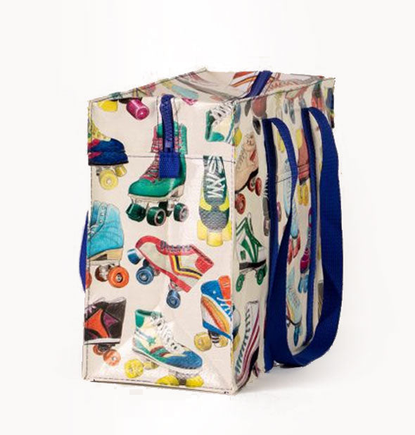 White rectangular tote bag with royal blue strap and zipper, and colorful all-over roller skate illustrations