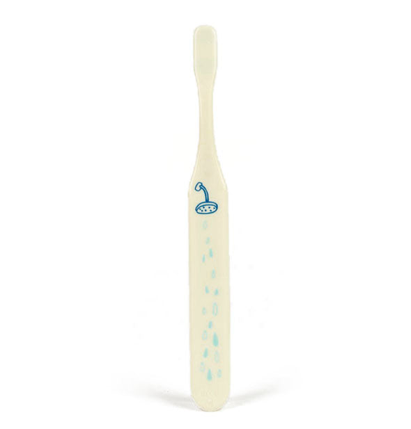 Back of white toothbrush with blue shower head and water droplets illustration