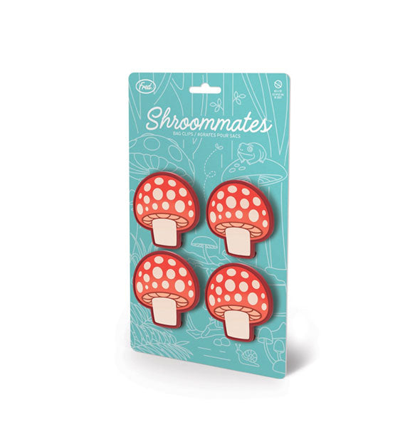 Set of four red and white spotted mushroom Shroommates bag clips on teal product card