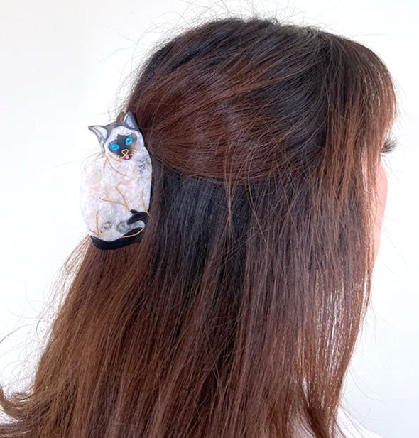 Model wears a Siamese cat hair clip in a partially swept-back style