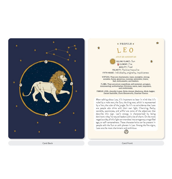 Sample Leo profile card from the Signs of the Zodiac Card Deck alongside lion card back