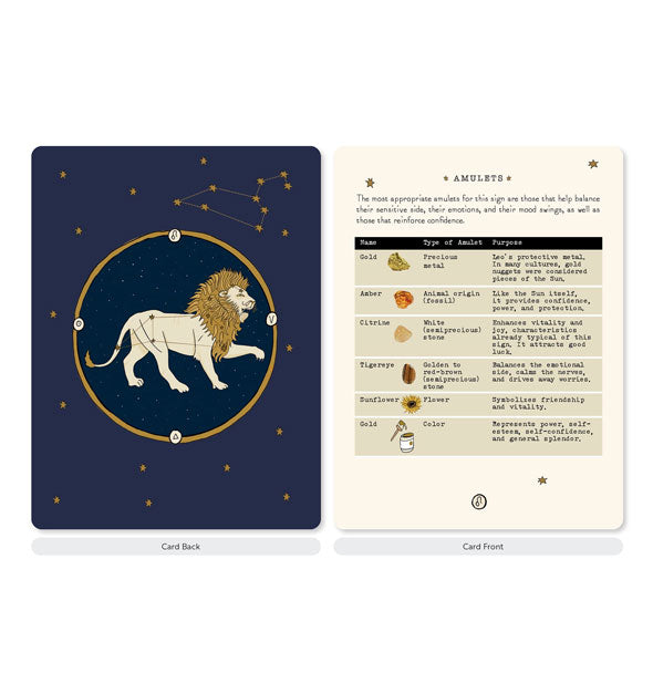 Sample Leo profile card from the Signs of the Zodiac Card Deck alongside lion card back