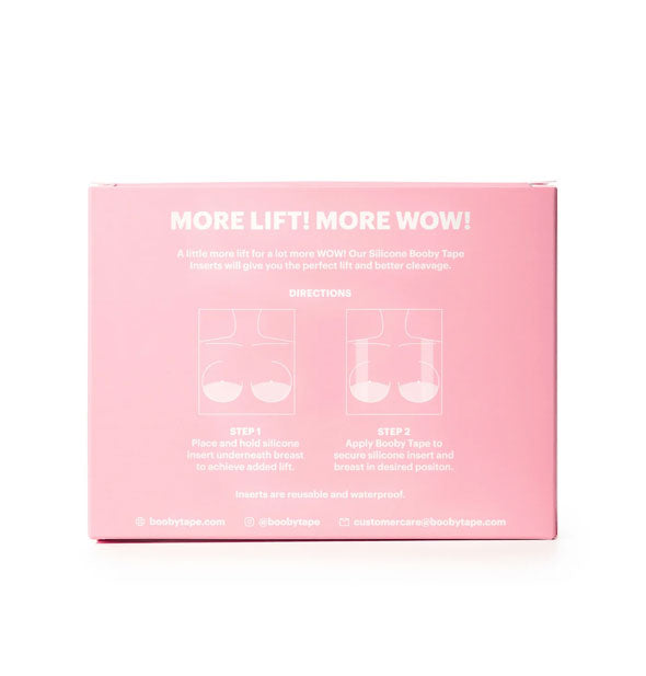 Back of Silicone Booby Tape Inserts box features diagrammed steps for use below the caption, "More lift! More wow!"