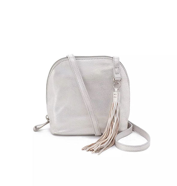 Silver leather crossbody purse with elongated tassel zipper pull
