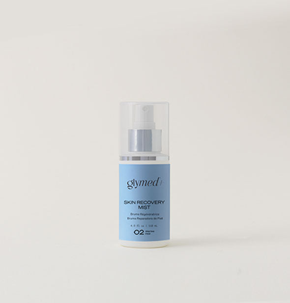 Blue 2 ounce bottle of GlyMed+ Skin Recovery Mist with clear cap through which nozzle is visible