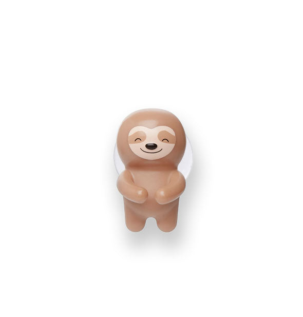 Smiling brown sloth figurine with arms is attached to a clear round suction cup
