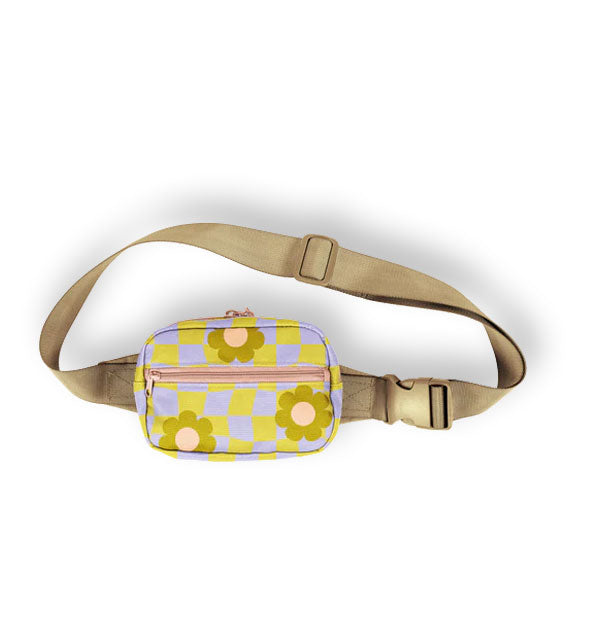 Small hip bag featuring a pattern of olive green and blush daisies on a wavy periwinkle and lime green checker print background features pink zippers and a gold adjustable strap