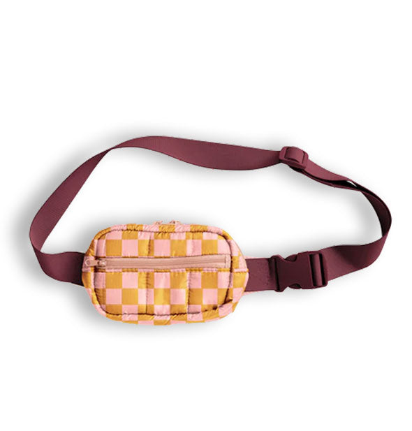 Quilted gold and pink hip bag with two zippered pockets and an adjustable maroon strap