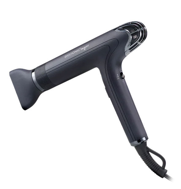Bio Ionic Smart-X hair dryer shown with flat diffuser attahcment