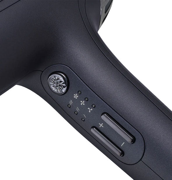 Temperature and speed controls on the handle of the Bio Ionic Smart-X hair dryer