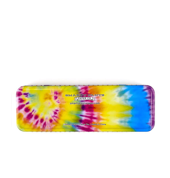 Bottom of the smiley face pencil box features a colorful tie dye print
