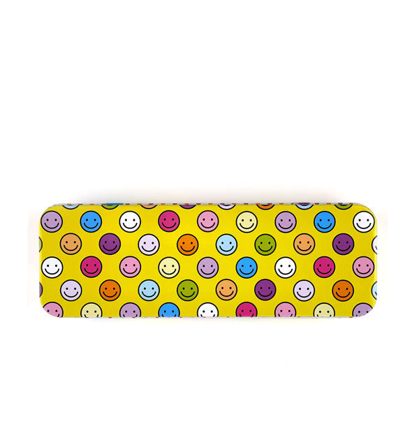 Rectangular yellow pencil box with all-over colorful smiley faces print