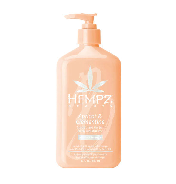 Peach-colored 17 ounce bottle of Hempz Beauty Apricot & Clementine Smoothing Herbal Body Moisturizer with white and silver lettering and design accents
