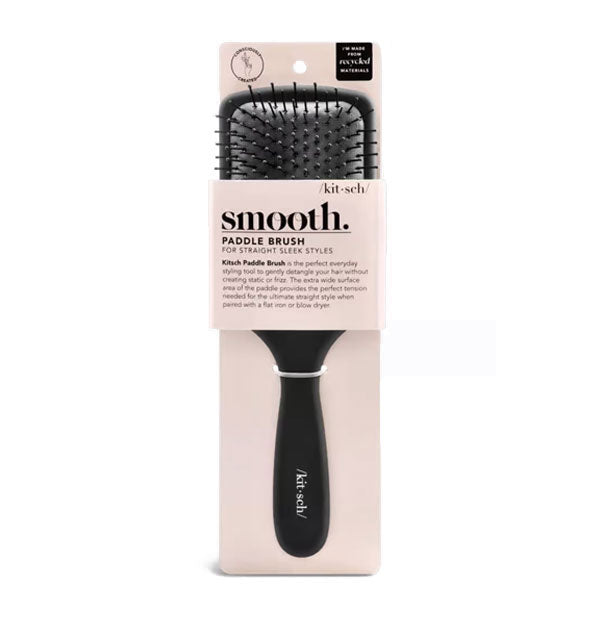 Black Smooth Paddle Brush for Straight Sleek Styles by Kitsch on light pink product card packaging