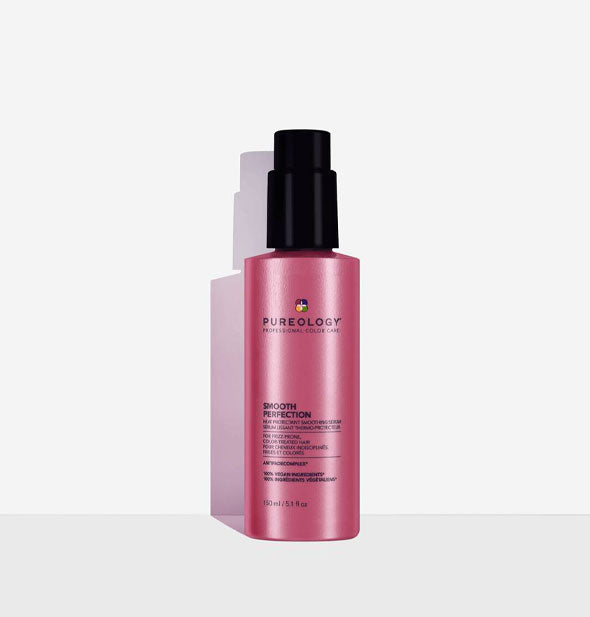 Pink 5 ounce bottle of Pureology Smooth Perfection Heat Protectant Smoothing Serum with dark cap