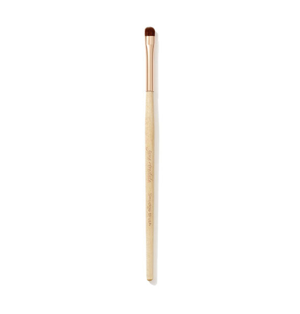 Jane Iredale Smudge Brush with wooden handle, gold ferrule, and small, short bristle head