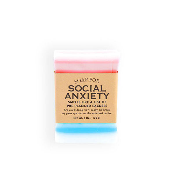 Bar of Soap for Social Anxiety (Smells Like a List of Pre-Planned Excuses) is red and blue and wrapped in brown paper with black lettering