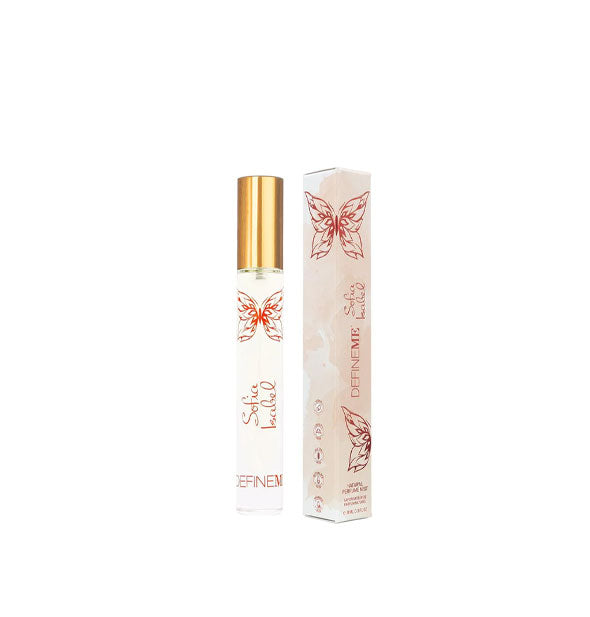 Slender tube of Sofia Isabel perfume by DefineMe with muted pink box, both adorned with red-orange butterfly graphics