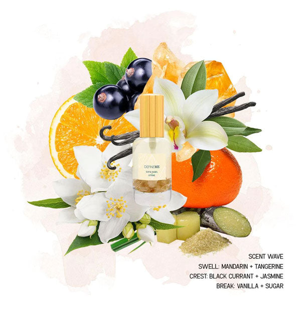 Bottle of DefineMe Sofia Isabel Citrine perfume on a backdrop of florals and fruits is labeled with its scent profile