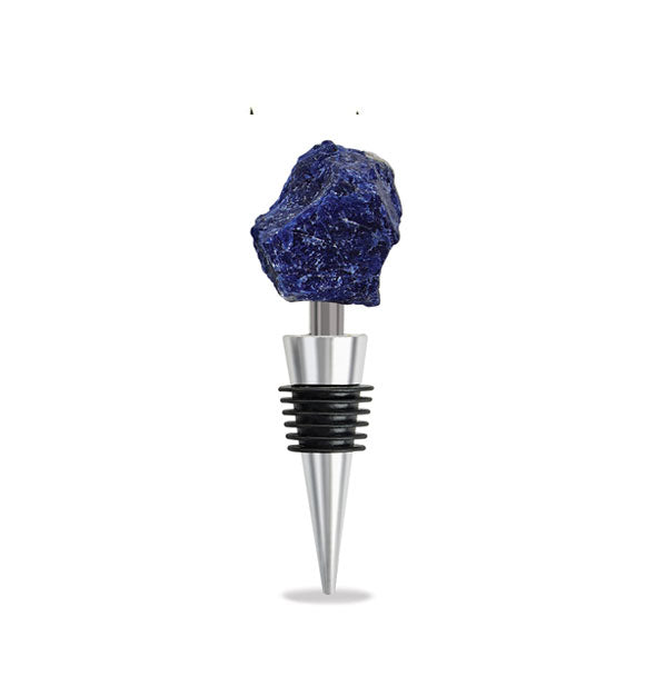 Metallic bottle stopper with black silicone ridged seal and dark blue sodalite stone topper