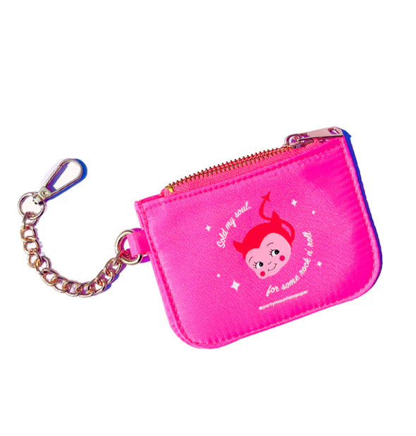 Hot pink coin purse with zipper and gold chain with clasp attached features smiling Kewpie devil and the phrase, "Sold my soul for some rock n' roll" in white script lettering