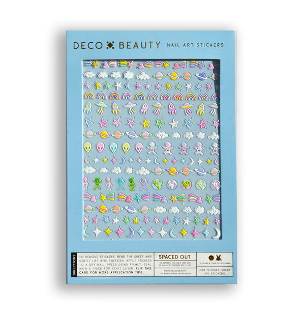 Blue box of Deco Beauty Nail Art Stickers in a variety of celestial, space, and alien themed designs in pastel shades