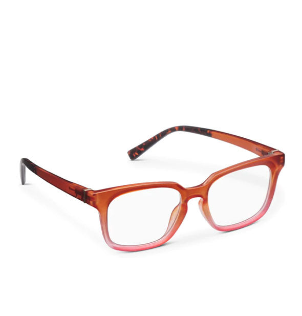 Pair of glasses with an orange ombre frame accented by brown tortoise temple tips