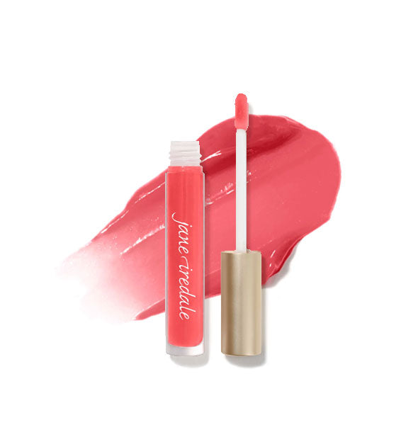Tube of Jane Iredale HydroPure Hyaluronic Acid Lip Gloss with doe foot applicator cap removed and sample enlarged product application behind in shade Spiced Peach