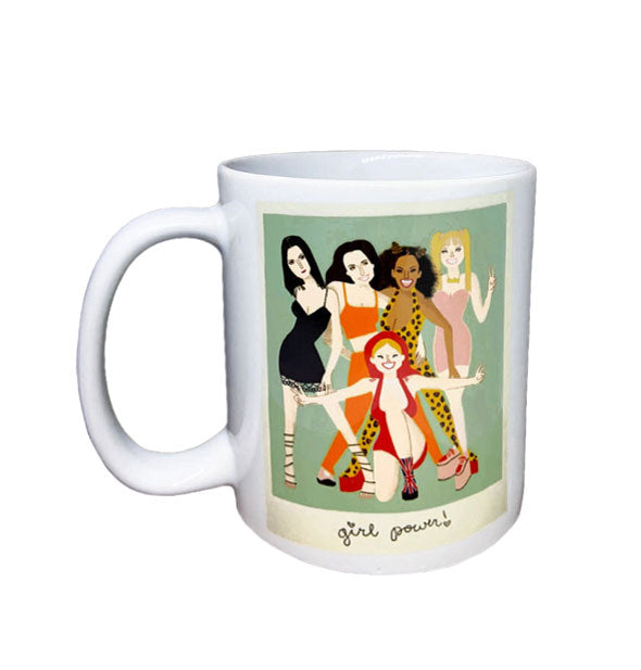 White coffee mug featuring illustration of the Spice Girls on a green background with the words, "Girl power!" written underneath in black script