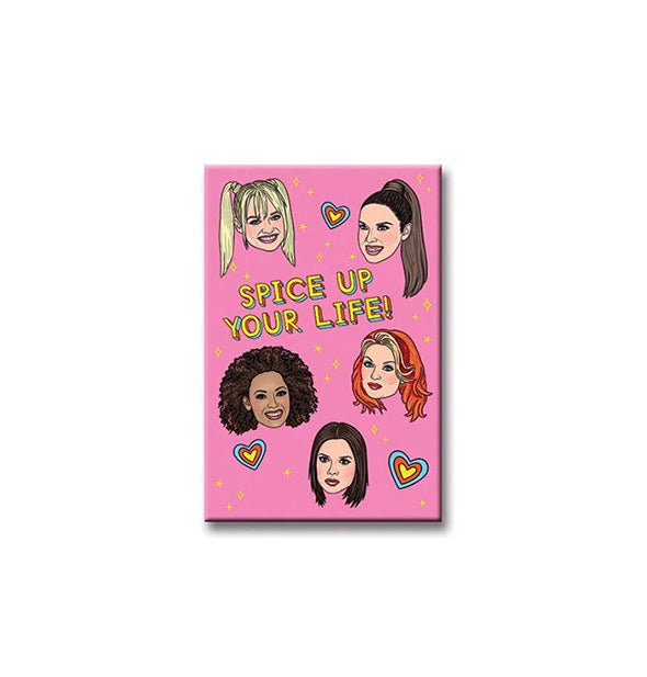 Pink rectangular magnet says, "Spice up Your Life!" with drawings of the Spice Girls surrounded by stars and hearts
