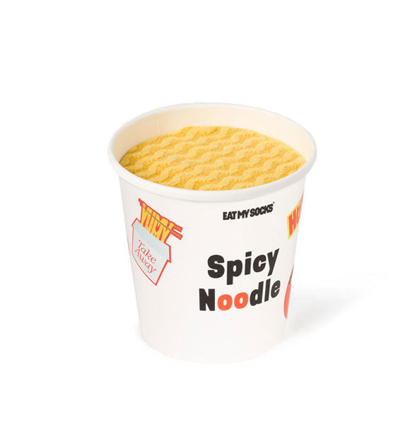 Spicy Noodle sock pack with lid removed to show noodle-like fabric of the socks inside