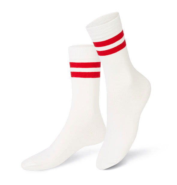 Pair of white crew socks with two red stripes at the top