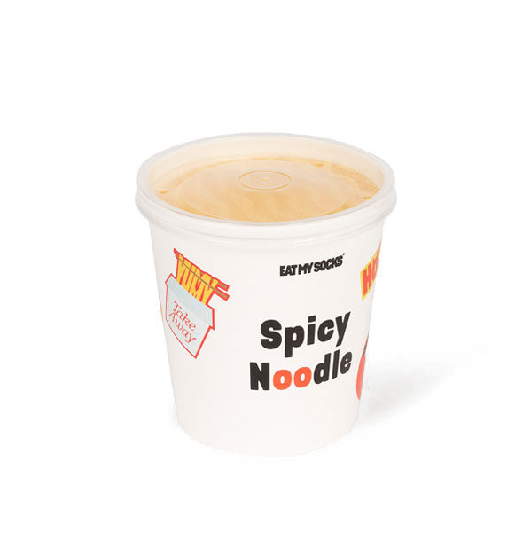 Package of Spicy Noodle socks resembles a microwavable noodle soup container