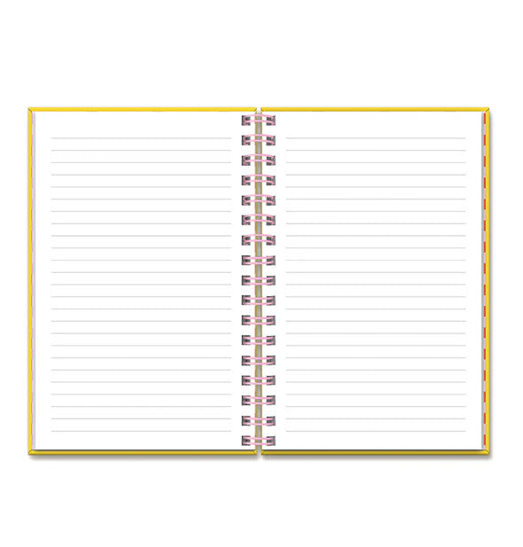 Lined pages of an open notebook bound with pink spiral binding